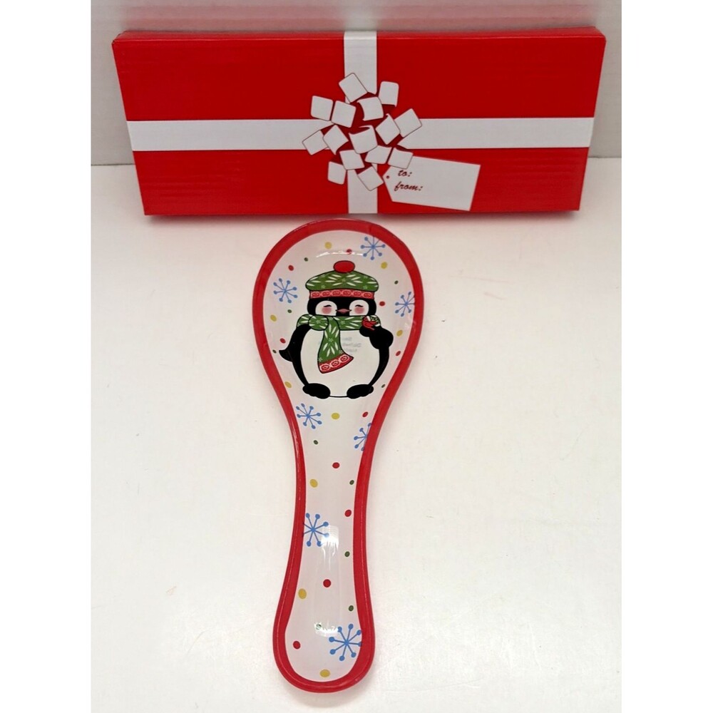 Temptations Glass Spoon Rest Christmas Holiday Penguin And Snowflakes 9" x 3.25"
